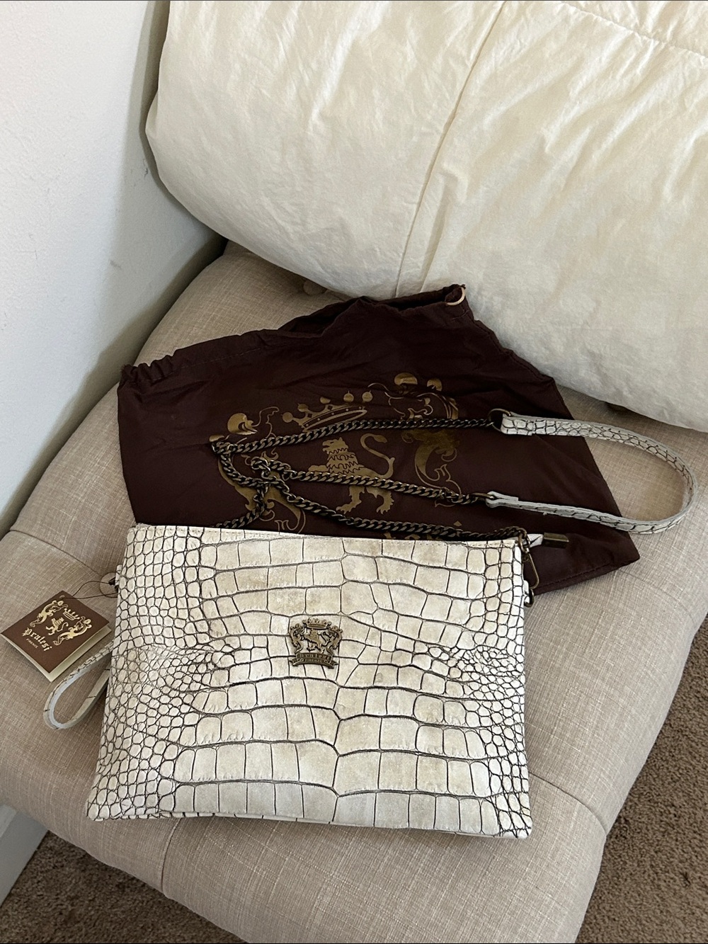 Pratesi Firenze White (Bone) Leather Croc-Embossed Chain Crossbody Bag - Italy